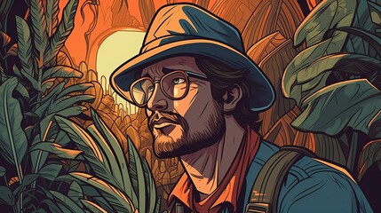 Portrait of an adventurer discovering a hidden treasure in a jungle. Fantasy concept , Illustration painting. Generative AI