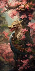 Fototapeta premium Japanese dragon and cherry blossom colorful illustration representing Asian character, generative ai