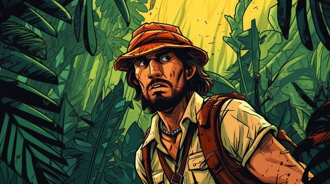 Portrait of an adventurer facing a deadly challenge in a jungle temple. Fantasy concept , Illustration painting. Generative AI