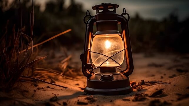 Vintage old outdoor kerosene fire lamp in a sandy ground good as a concept image for camping or as a background. AI Generative technology.