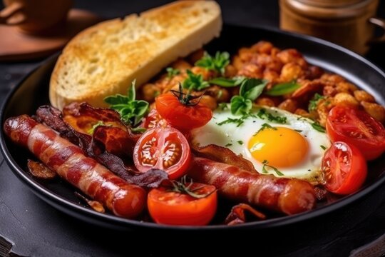 Full English Breakfast including sausages, grilled tomatoes and mushrooms, egg, bacon, baked beans and bread. Generated by AI