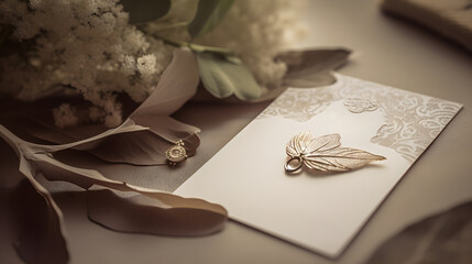 Beautiful wedding invitation card mockup lies on the table with some flower and bouquet decoration. AI Generative technology.