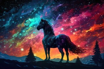 Horse standing under stars in the background. Style of colorful fantasy realism cosmic landscape. Generative AI