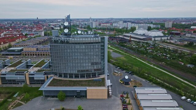 Drone shot of Mitteldeutscher Rundfunk (MDR) a television station in Sudvorstadt district , Leipzig , Germany