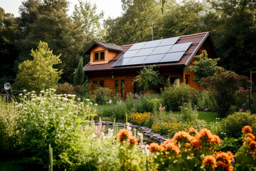 A beautiful and eco-friendly photo of a house with a solar panel on its roof, surrounded by a blooming garden with various flowers and plants. Generative AI.