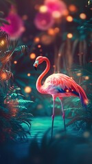 Exotic imaginary tropical garden with amazing animals and birds - generative ai