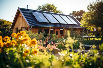 A beautiful and eco-friendly photo of a house with a solar panel on its roof, surrounded by a blooming garden with various flowers and plants. Generative AI.