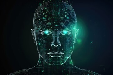 Realistic 3d head representing artificial intelligence, Abstract lines, triangles and particle style design. digital brain. Robotics concept - generative ai