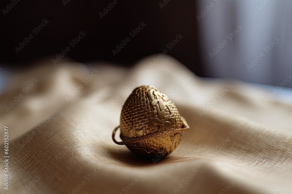 Poster golden trinket resting on a bedspread generative ai