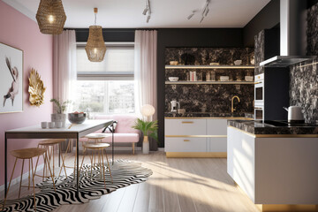 Modern glamour kitchen. Luxury interior design with pink, golden, black colors and animal zebra texture. Super photo realistic background, generative ai illustration