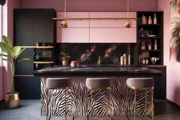 Modern glamour kitchen. Luxury interior design with pink, golden, black colors and animal zebra texture. Super photo realistic background, generative ai illustration