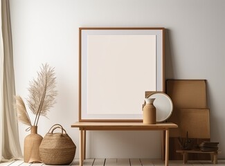 Blank white frame with framed blank blank photograph, minimalistic interior design, copy space, vase on a table - generative ai
