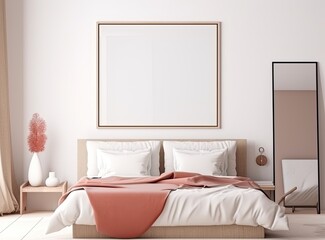 Blank white frame with framed blank blank photograph, minimalistic interior design, copy space, vase on a table - generative ai