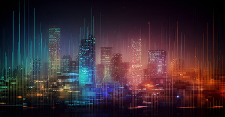 Naklejka na ściany i meble abstract image representing a cityscape at night, with vertical streaks of multicolored lights against a dark background, evoking a sense of energy and vitality