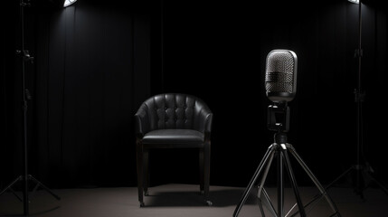 A microphone between two chairs. Studio Background black