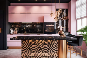 Modern glamour kitchen. Luxury interior design with pink, golden, black colors and animal zebra texture. Super photo realistic background, generative ai illustration