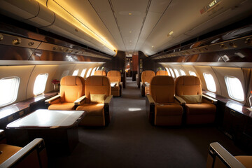 Fototapeta premium Comfortable and spacious airplane cabin with plenty of legroom, overhead compartments, and window views Generative AI