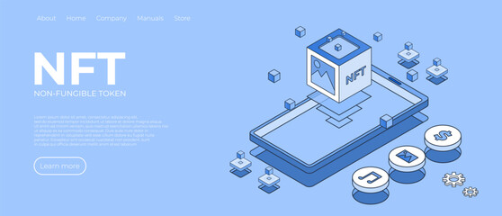 Cryptographic art crypto art nft isometric composition with icons, servers. Non-fungible token concept. Vector illustration concept