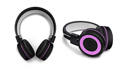 Fototapeta na wymiar Realistic 3D headphones with pink elements for computer games or listening to music.
