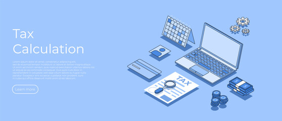 Tax calculation isometric scene. Financial consultant or advisor calculating invoices and filling tax declaration for tax return. Accounting and taxation concept. Vector illustration