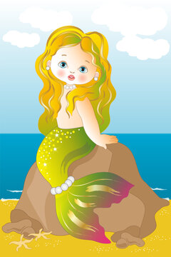 Baby mermaid on a rock with sea and sky background
