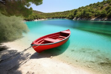 Fototapeta na wymiar Red small boat sits on a clear beach on a beautiful sunny summer day - generative ai