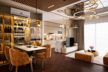 Fototapeta na wymiar Luxury house living room, 3d rendering.