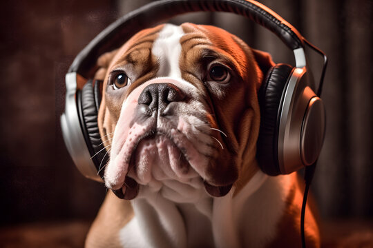 Dog With Headphones Listening To Music