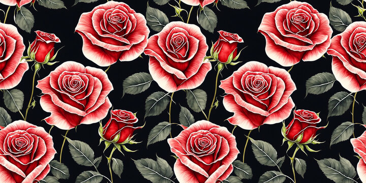 Red roses green background watercolor illustration seamless pattern generated Ai