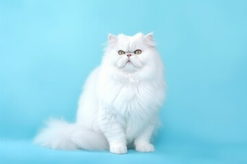 Portrait white persian cat on light pastel blue background.  Generative AI