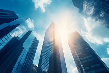 Plakat modern skyscrapers, business office buildings with blue sky, lens flare 