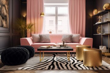 Modern glamour living room. Luxury interior design with pink, golden, black colors and animal zebra texture. Super photo realistic background, generative ai illustration