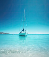 Fototapeta premium A sailboat floating in clear blue water at a sunny beach, turquoise waters, dreamy and romantic composition - generative ai