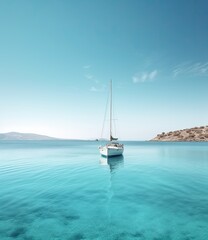 Naklejka na ściany i meble A sailboat floating in clear blue water at a sunny beach, turquoise waters, dreamy and romantic composition - generative ai