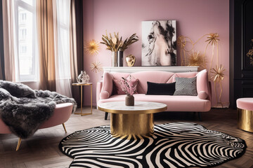 Modern glamour living room. Luxury interior design with pink, golden, black colors and animal zebra texture. Super photo realistic background, generative ai illustration