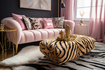 Modern glamour living room. Luxury interior design with pink, golden, black colors and animal zebra texture. Super photo realistic background, generative ai illustration