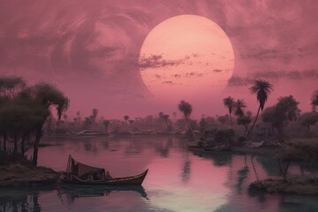 Beautiful landscape, orientalist imagery, dark silver and light pink, richly colored skies, solarization effect - generative ai