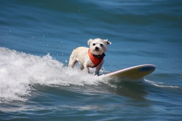 illustration, dog surfing on a surfboard, ai generative.