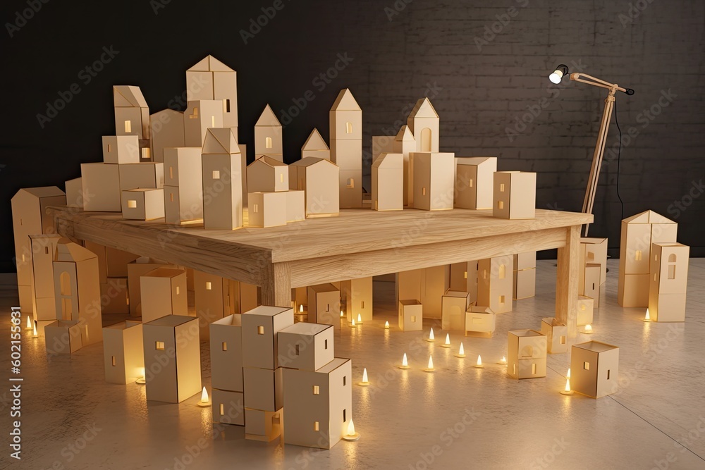 Canvas Prints miniature cityscape on a glowing table Generative AI