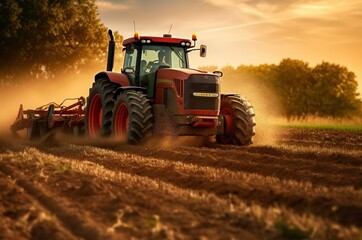 Fototapeta premium The tractor plows the soil in the agricultural field. Generative AI