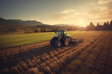 Obraz premium The tractor plows the soil in the agricultural field. Generative AI