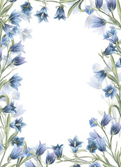 Blue bellflower rectangle frame. Watercolor illustratuion of bluebells, hand drawn. Great for invitations, cards, wedding
