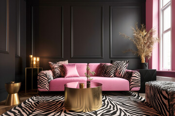Modern glamour living room. Luxury interior design with pink, golden, black colors and animal zebra texture. Super photo realistic background, generative ai illustration
