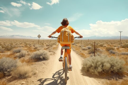 In summer, a girl rides a bicycle along a wide road, rear view. Generative AI