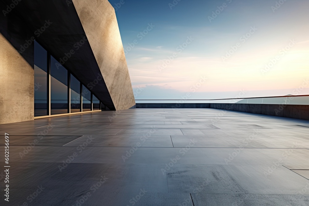Poster an empty concrete floor with a modern building in the background generative ai