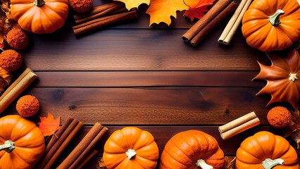 Autumn Bliss: A Cozy Seasonal Arrangement of Leaves, Pumpkins, and Cinnamon on a Rustic Wood Background