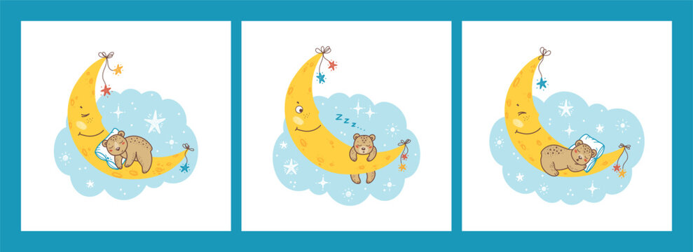 Cute Teddy Bears Posters or Prints Set. Childish Background with Sleeping Little Bear Cubs on Moon with Stars and Clouds. Vector Baby Colorful illustration