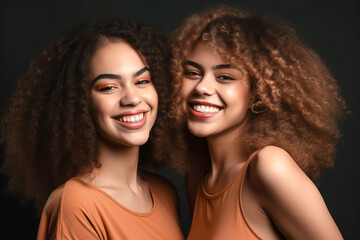 Afro-american and caucasian young women posing closeup with the same hair style. Generative AI