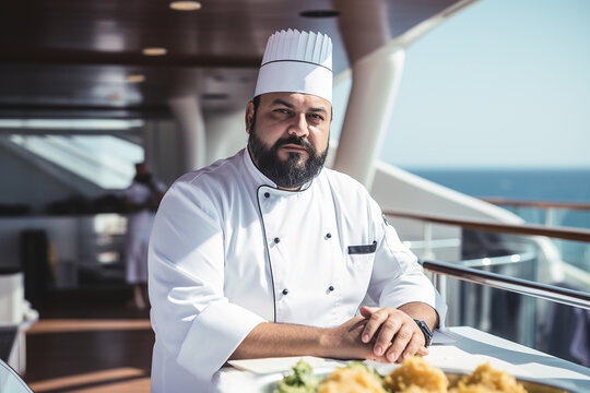 Male chef working at a luxury yacht. Generative AI