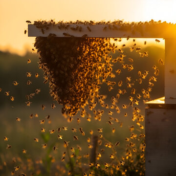 A swarm of bees collects nectar from flowers. Healthy Organic Farm Honey. The bees fly into the bee hive and enter the hive with the collected flower nectar and pollen. Al Generated. 
